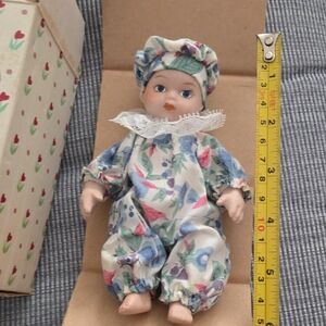 Floral Porcelain Doll Vintage Small with Blue and Pink Outfit In Original Box